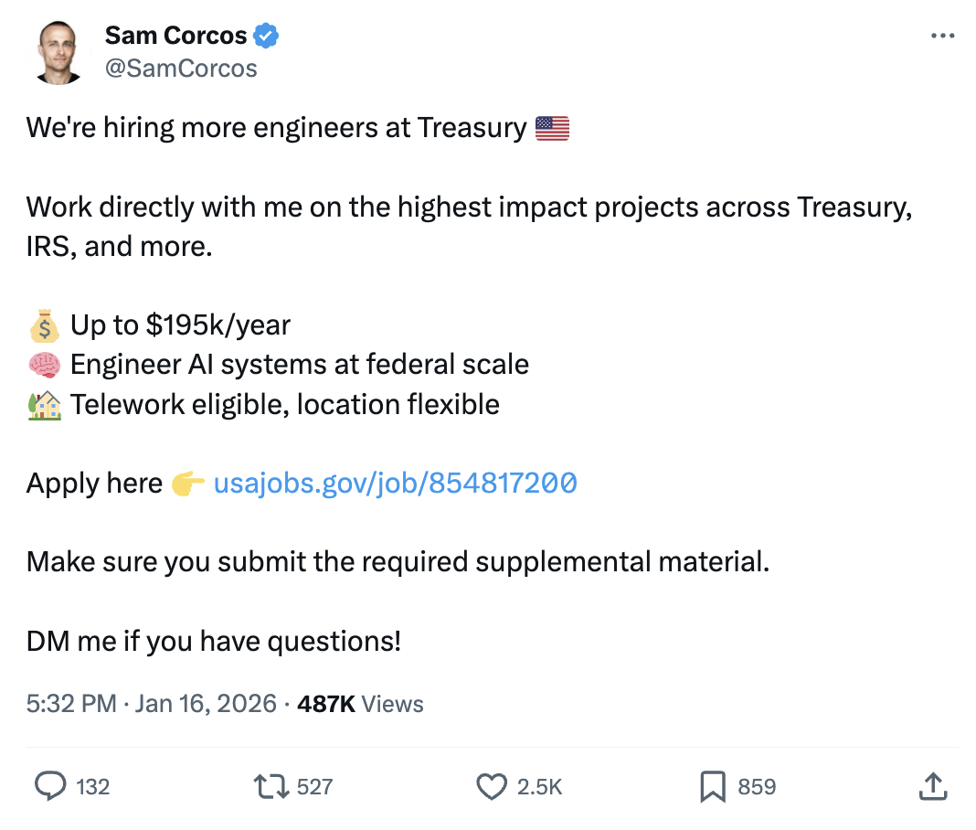 Sam Corcos tweet about Treasury AI hiring